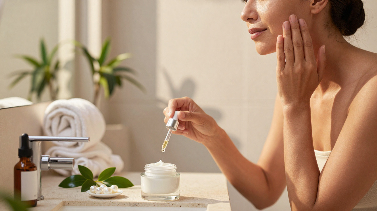 Mulher aplicando sérum facial com conta-gotas em ambiente de banheiro iluminado e decorado com plantas.