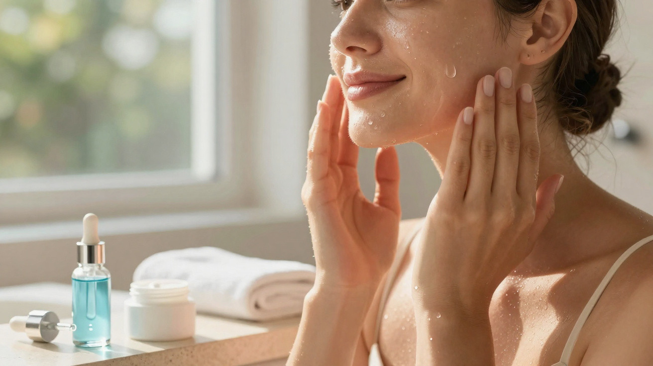 Mulher aplicando produto hidratante no rosto com gotículas de água e frascos de cosméticos ao lado.
