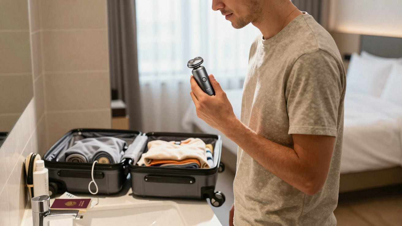 Homem segurando barbeador elétrico próximo a mala aberta e itens de higiene no banheiro de hotel.