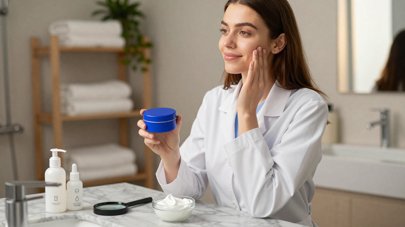 Mulher com jaleco branco aplicando creme no rosto em banheiro com produtos de cuidados na bancada.