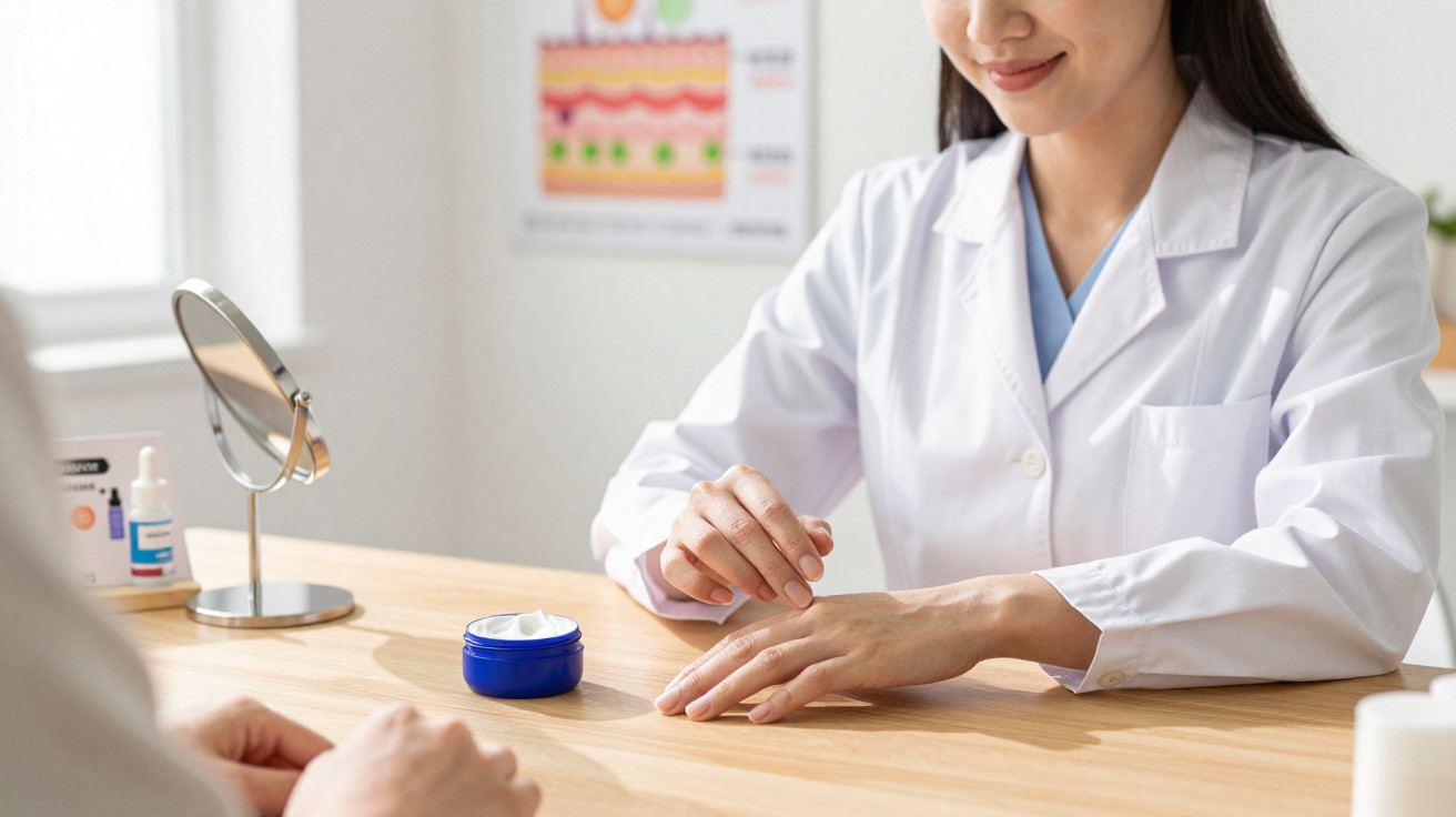 Profissional de saúde aplicando creme nas mãos durante consulta em clínica dermatológica.
