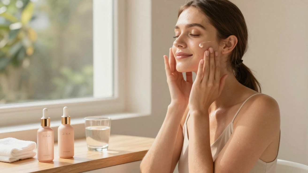 Mulher aplicando creme facial, sentada perto de janela com produtos de beleza sobre a mesa.