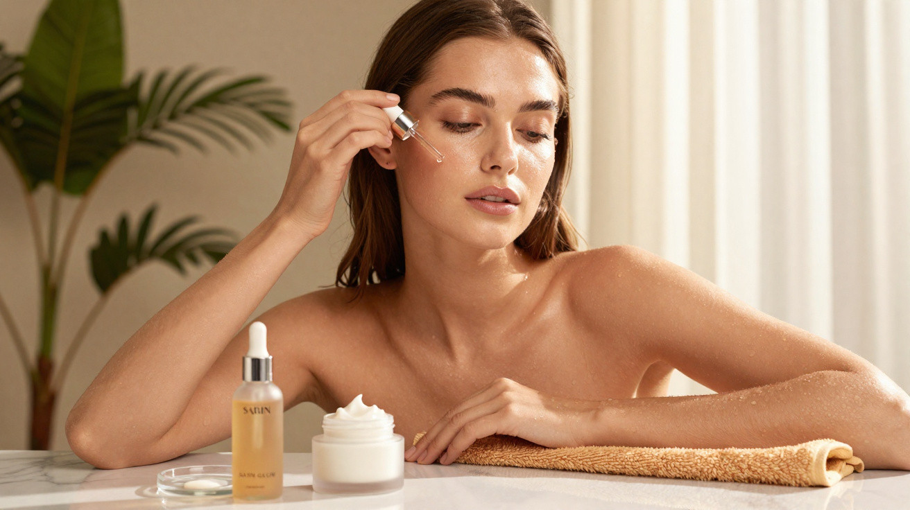 Mulher aplicando sérum facial com conta-gotas, ao lado de creme hidratante e toalha no ambiente iluminado.