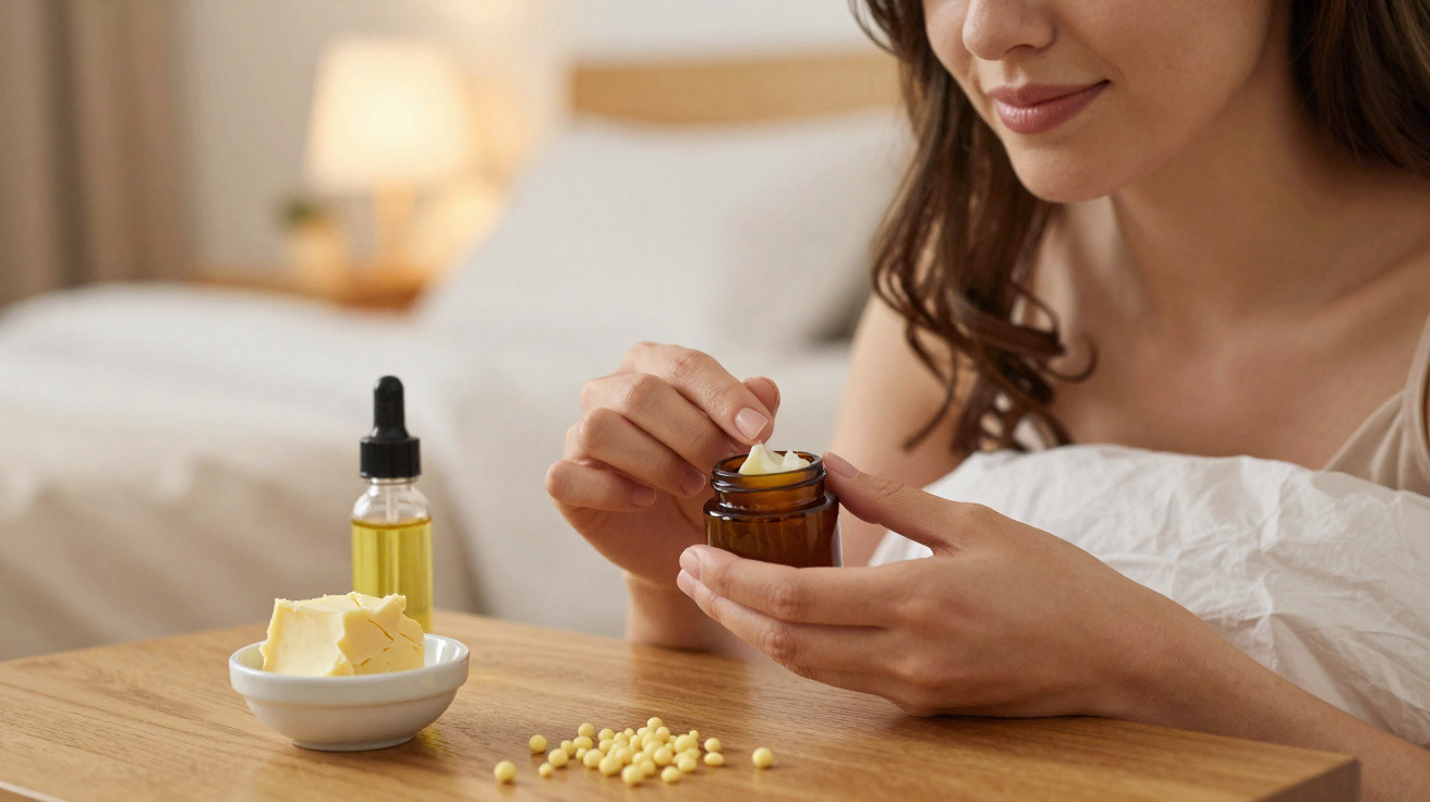 Mulher pegando creme em pote de vidro com espátula, óleo e manteiga sobre mesa de madeira.