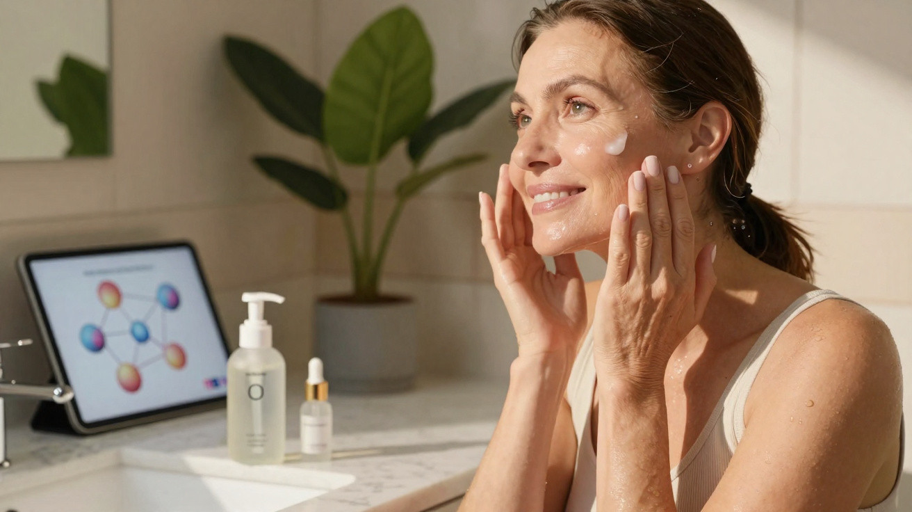 Mulher aplicando creme facial no banheiro, ao lado de produtos de skincare e tablet com diagrama molecular.
