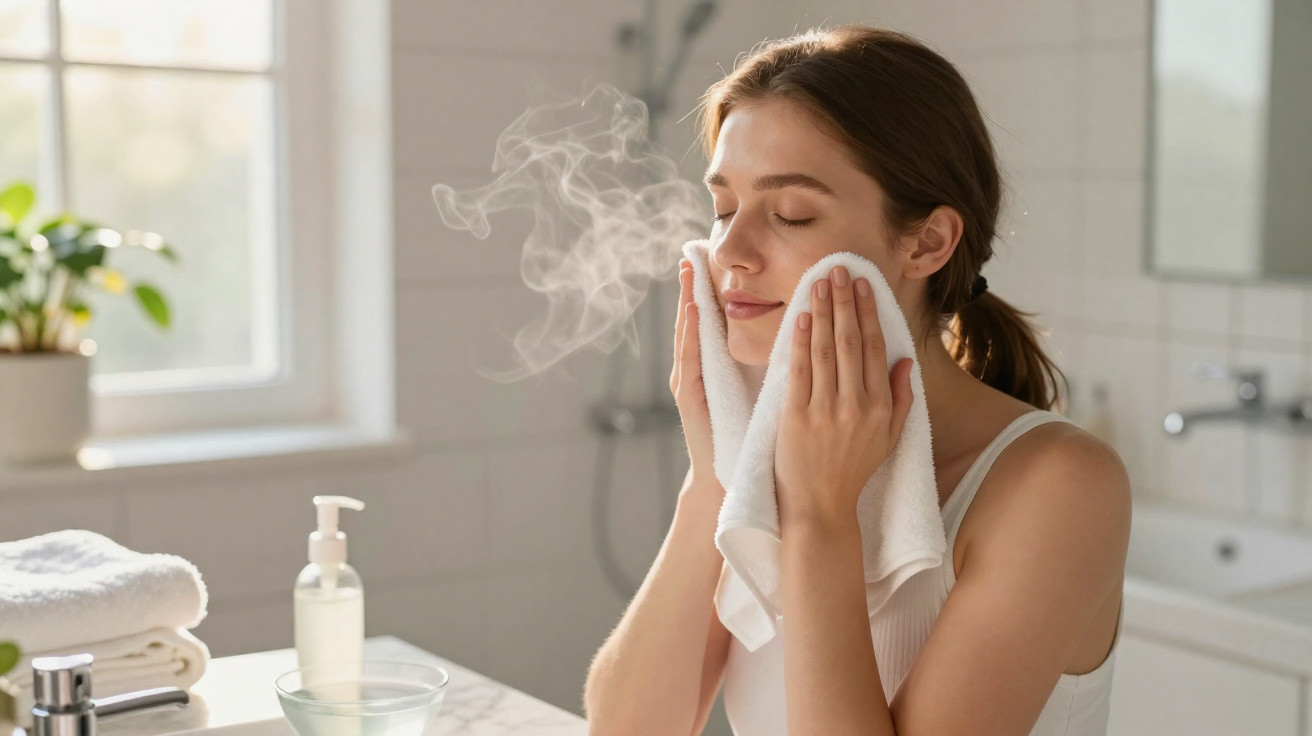 Mulher usando toalha quente no rosto em banheiro iluminado, demonstrando cuidado facial.