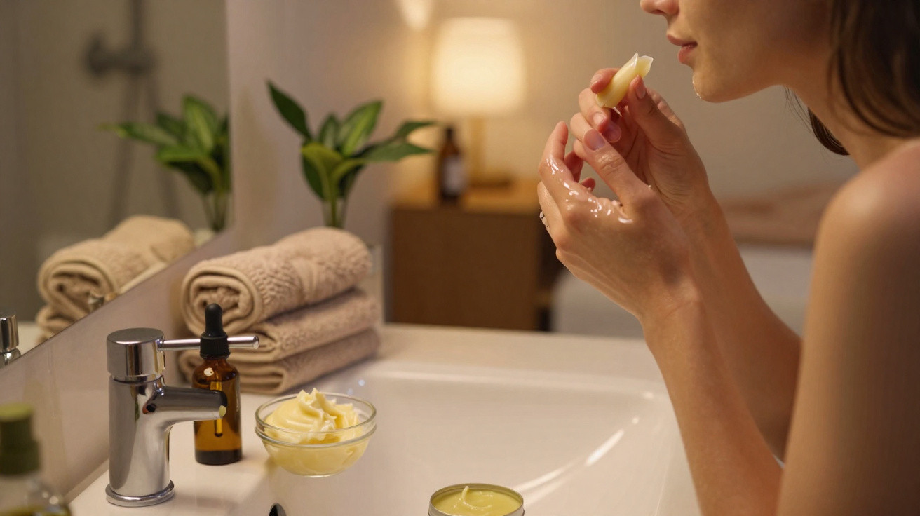 Pessoa aplicando creme nas mãos em um banheiro com toalhas e plantas ao fundo.