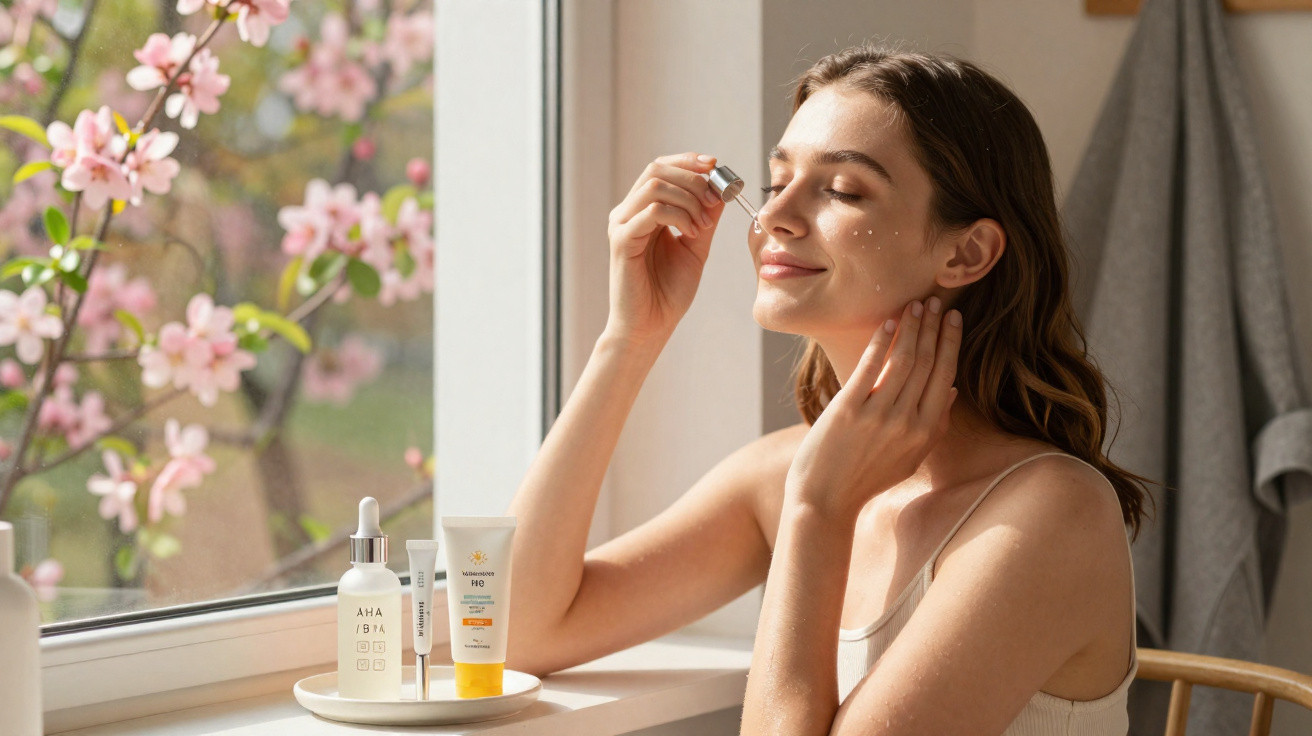 Mulher aplicando soro facial perto da janela com flores ao fundo em ambiente iluminado e tranquilo.