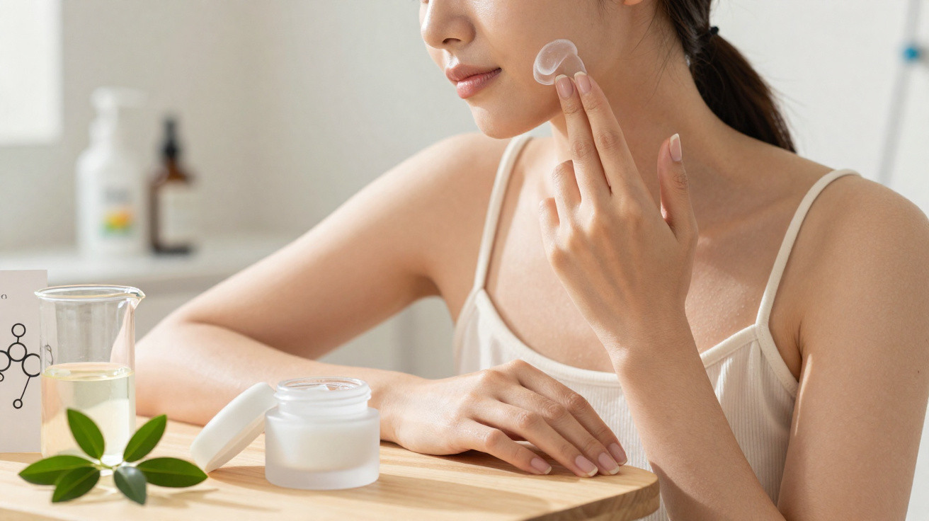 Mulher aplicando creme facial transparente no rosto sentada à mesa com frasco de creme e planta.