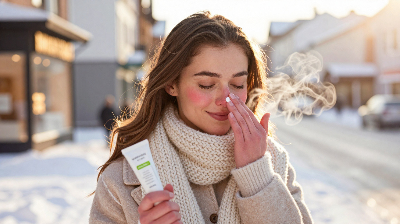 Mulher com cachecol e casaco aplica creme no rosto em ambiente frio com neve e vapor visível no ar.
