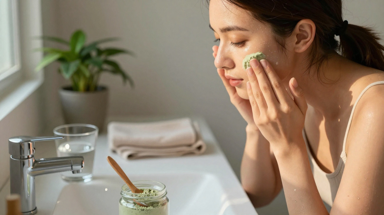 Jovem aplicando esfoliante facial verde no rosto em banheiro iluminado pela luz natural.