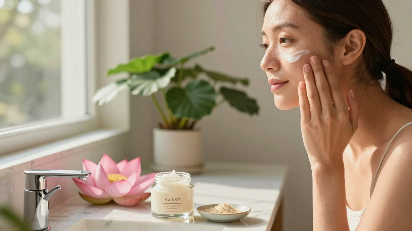 Mulher aplicando creme facial ao lado de jarra de creme e planta em ambiente iluminado.