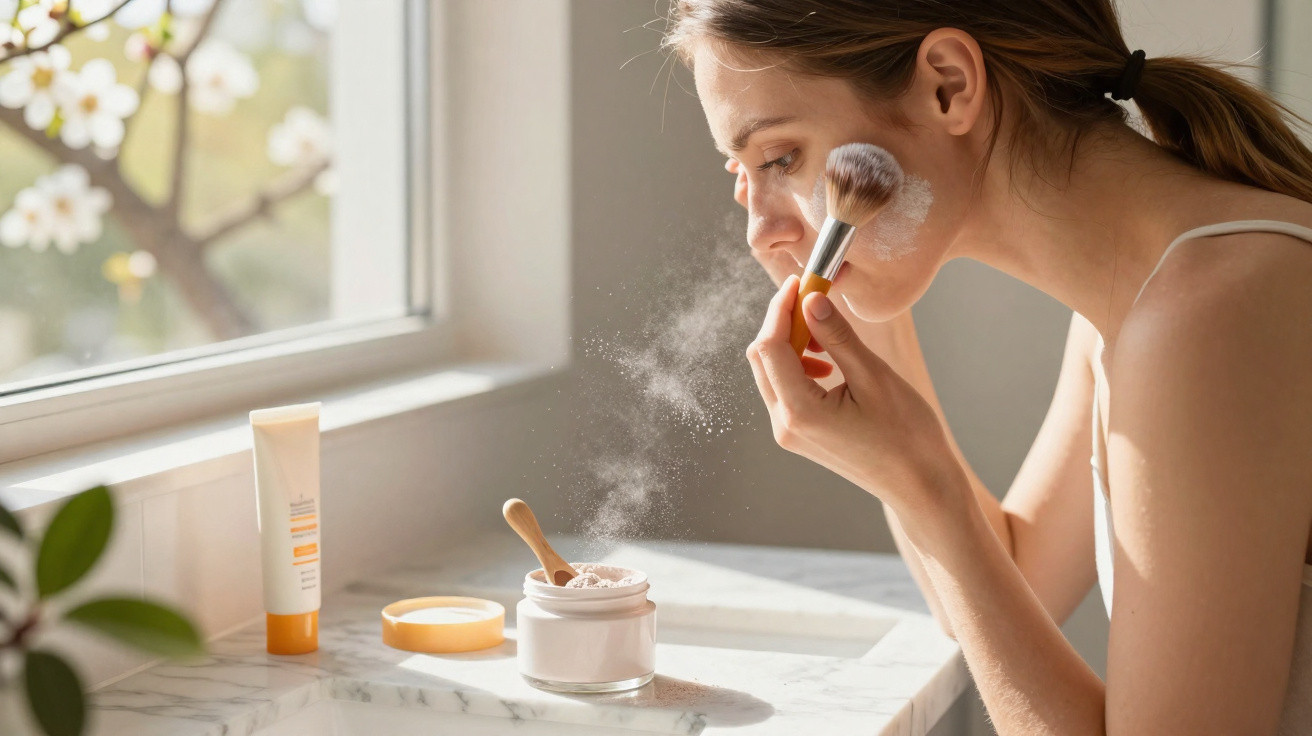 Mulher aplicando pó facial com pincel em frente à janela em bancada com produtos de maquiagem.