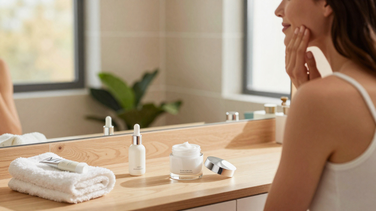 Mulher passando creme facial em frente a espelho com toalha e produtos de beleza sobre bancada de madeira.
