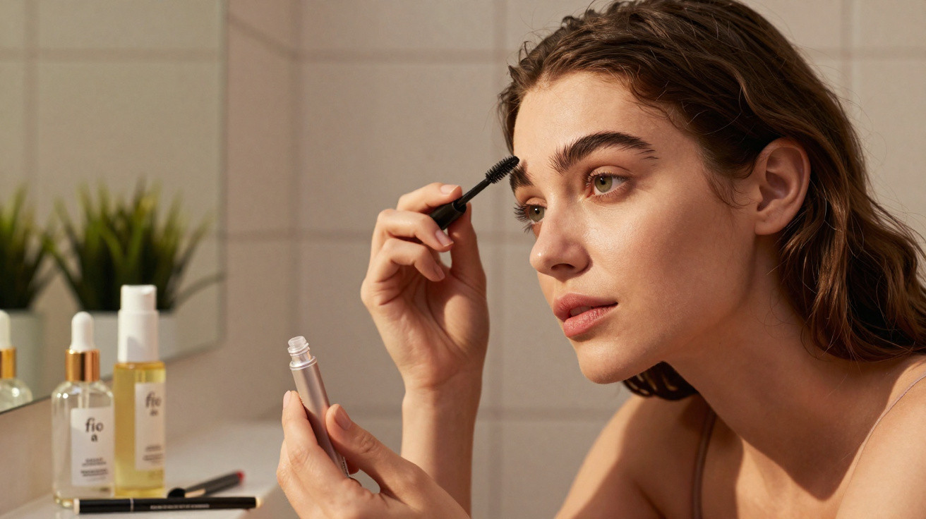 Mulher aplicando máscara para cílios em frente ao espelho no banheiro com produtos de beleza.