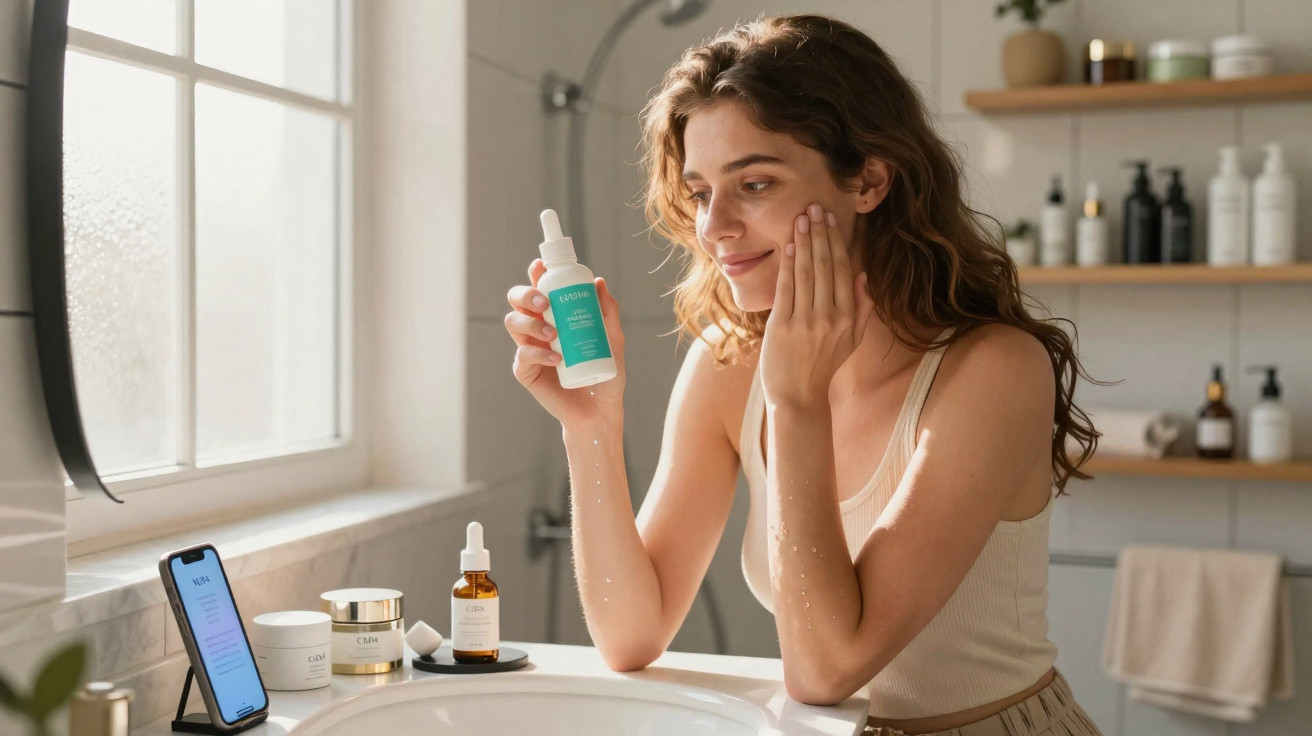 Mulher aplica sérum facial em banheiro iluminado, com produtos de cuidados e celular ao lado da pia.