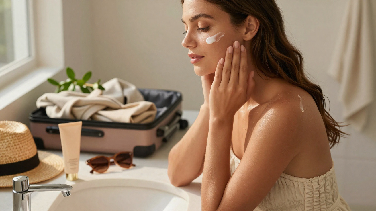 Mulher aplicando creme facial, sentada ao lado de pia com mala, chapéu e óculos ao fundo.