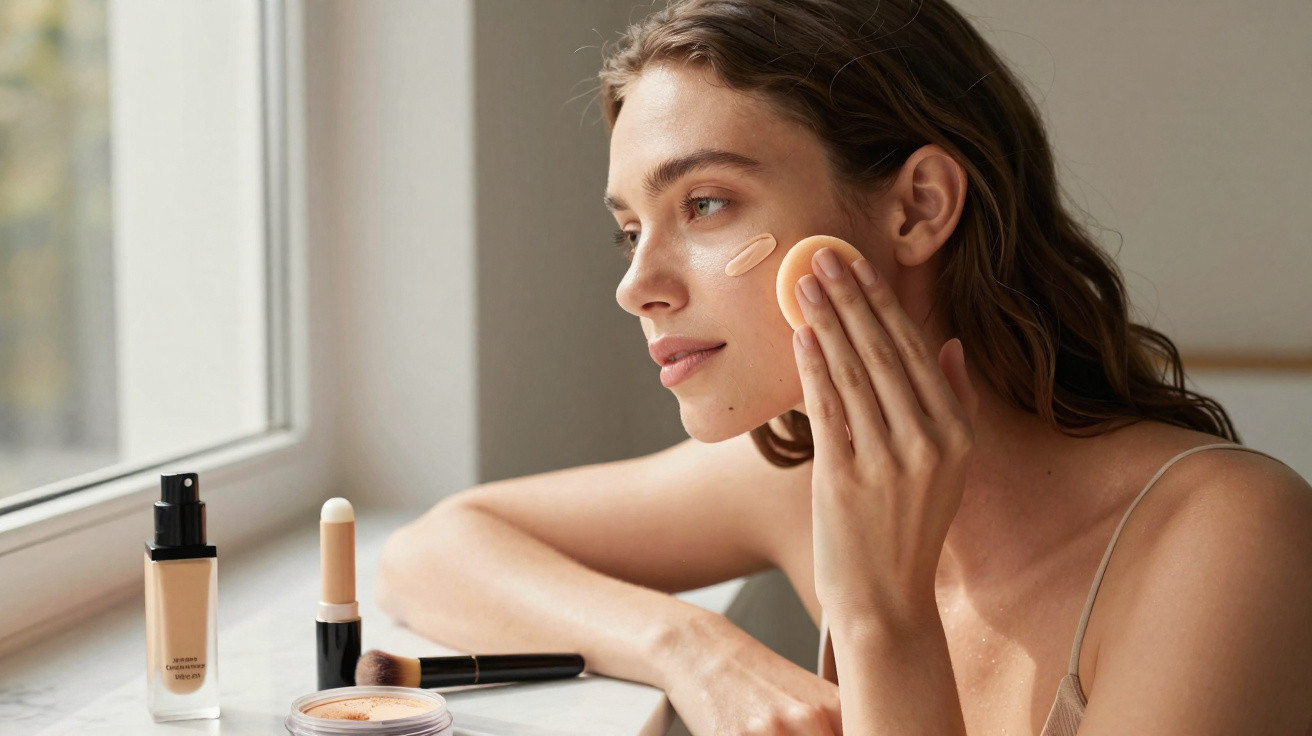 Mulher aplicando base no rosto com esponja, ao lado produtos de maquiagem na janela.
