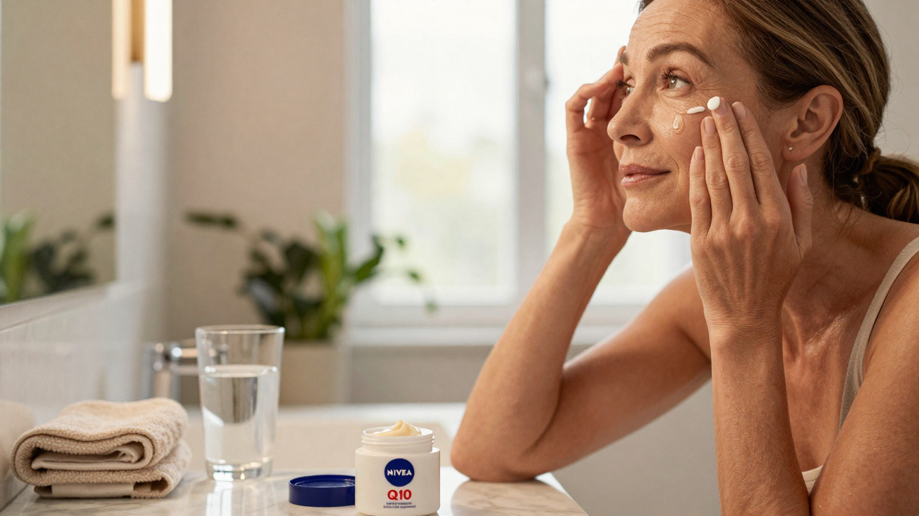 Mulher aplicando creme facial anti-idade Nivea Q10 no rosto em banheiro iluminado.