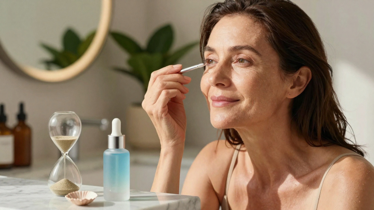 Mulher madura aplicando soro facial perto de ampulheta e planta em ambiente claro e acolhedor.