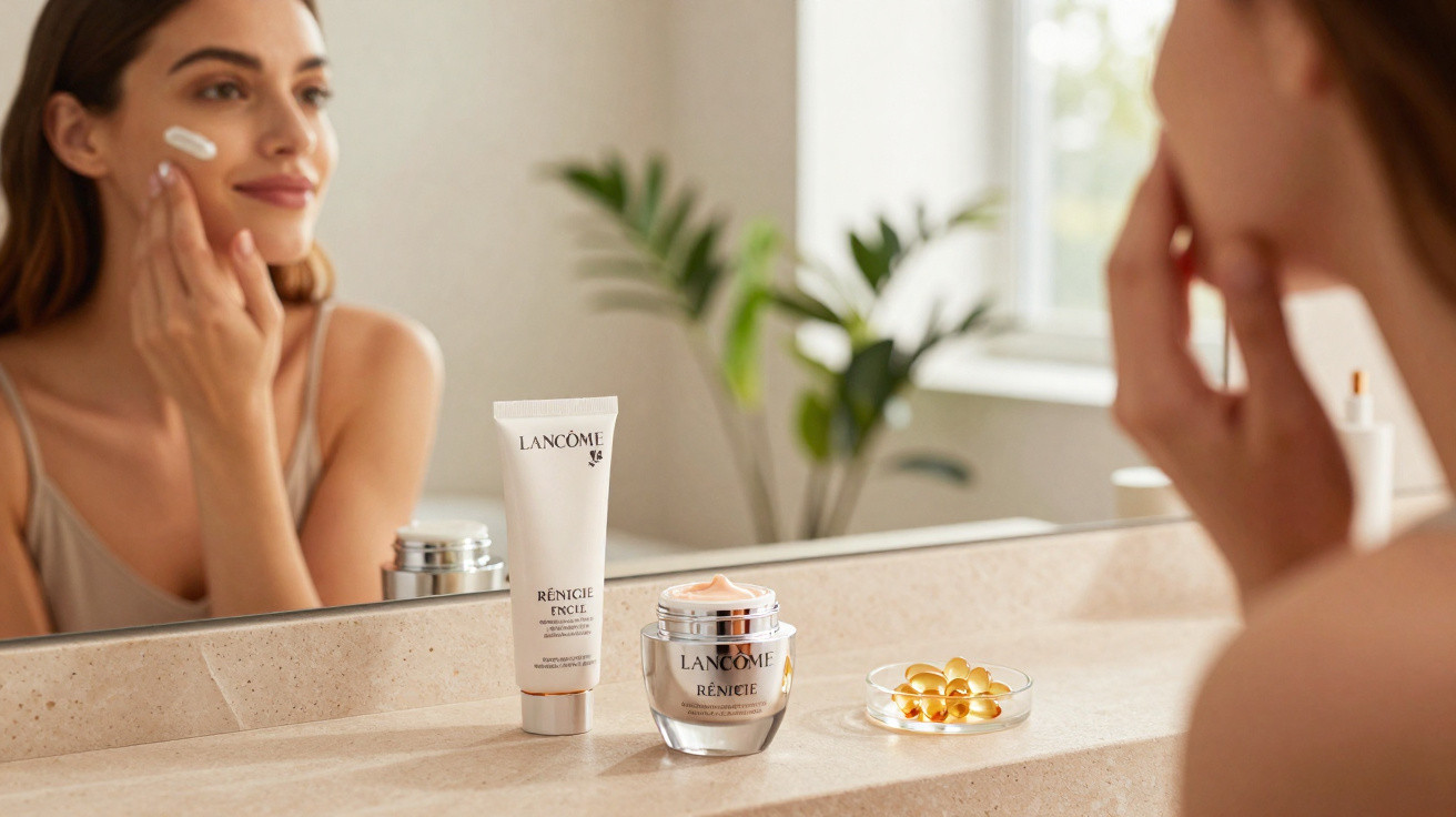 Mulher aplicando creme facial no rosto em frente ao espelho com produtos Lancôme sobre a pia.