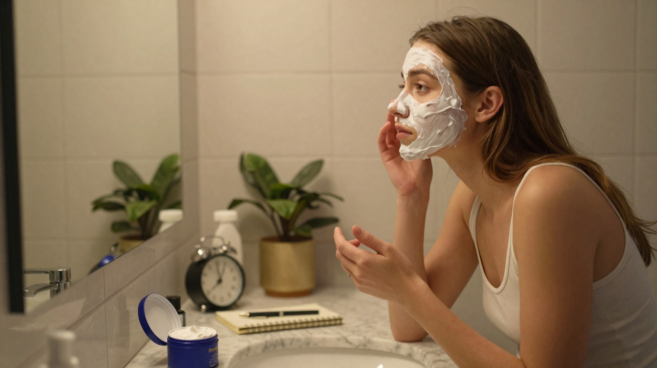 Mulher aplicando máscara facial branca no rosto em banheiro com espelho e plantas ao fundo.