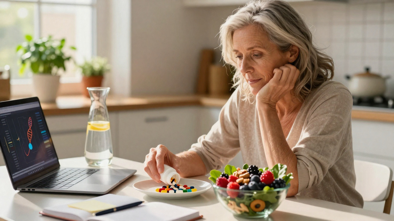 Mulher madura sentada à mesa, pegando medicamentos, com notebook e tigela de frutas à sua frente.