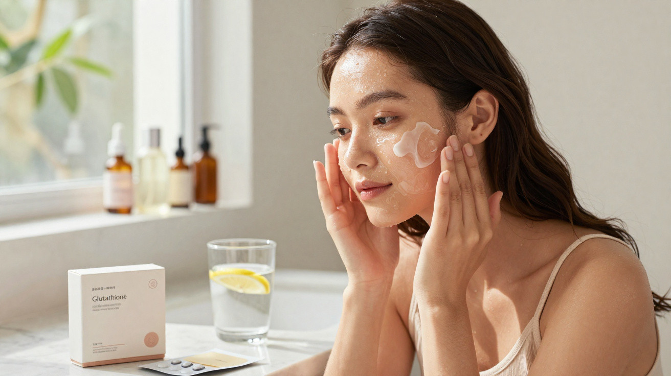 Mulher aplicando creme no rosto em ambiente iluminado com produtos de cuidados ao fundo.