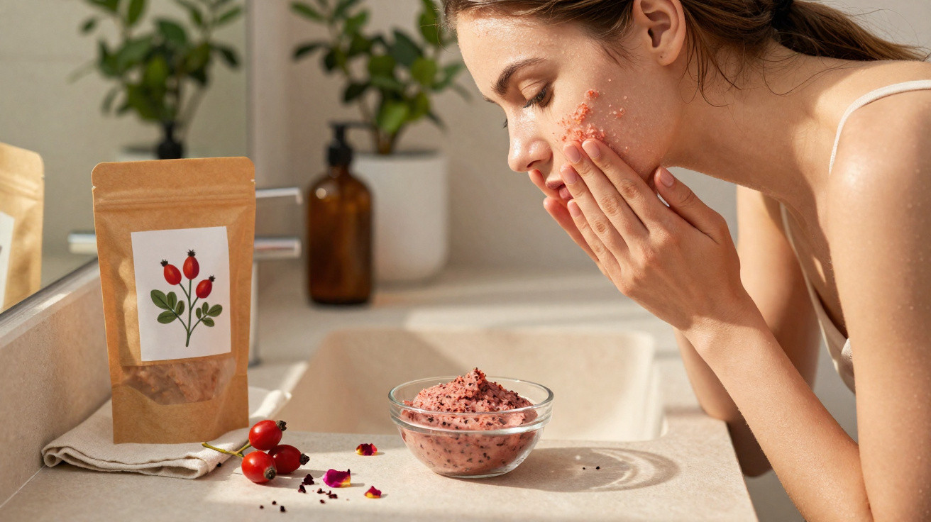 Mulher aplicando esfoliante natural no rosto em banheiro claro com planta e ingredientes sobre a pia.