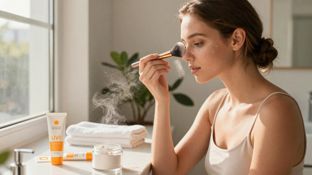 Mulher aplicando pó facial com pincel em ambiente iluminado próximo a produtos de skincare e toalhas brancas.
