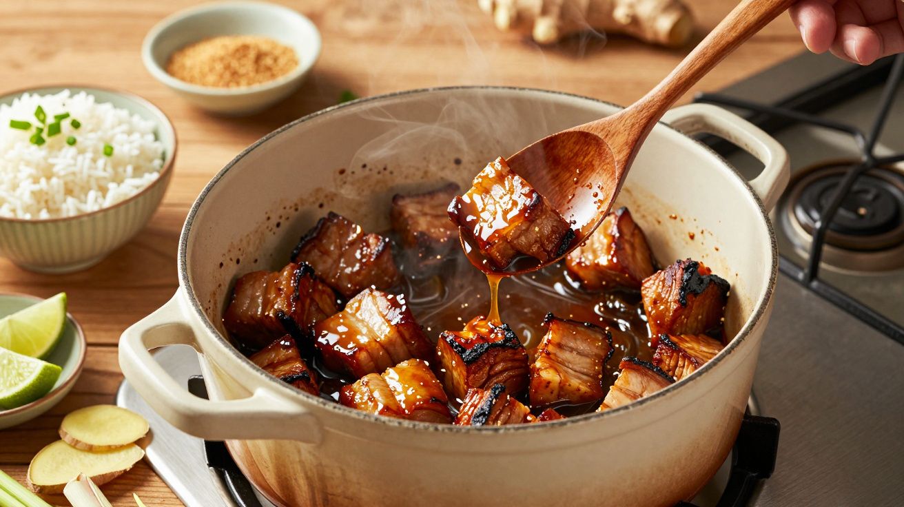 Panela com carne de porco caramelizada sendo mexida com colher de pau em fogão.