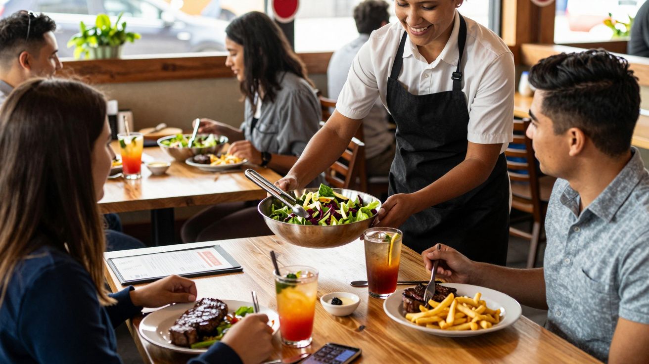 Garçonete servindo salada para casal que janta em restaurante com ambiente iluminado e descontraído.
