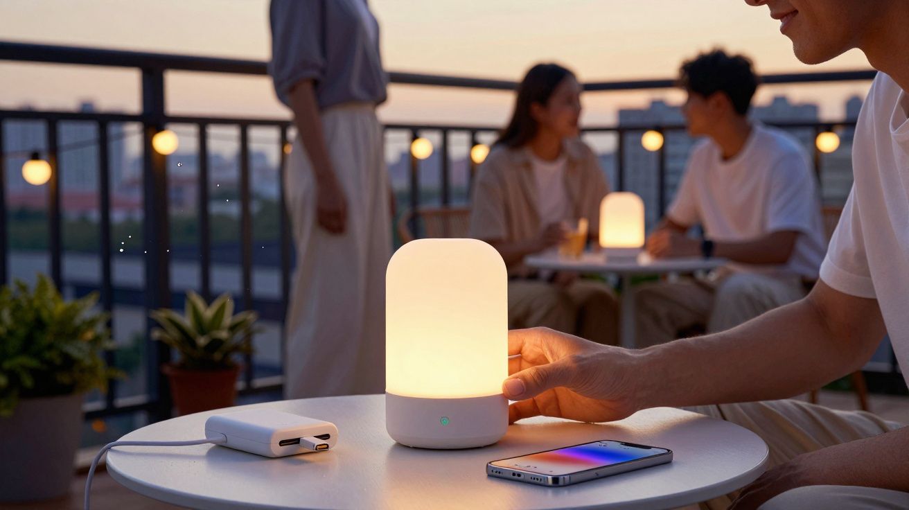 Pessoa ajusta luminária de mesa em varanda ao entardecer, com outras pessoas conversando ao fundo.