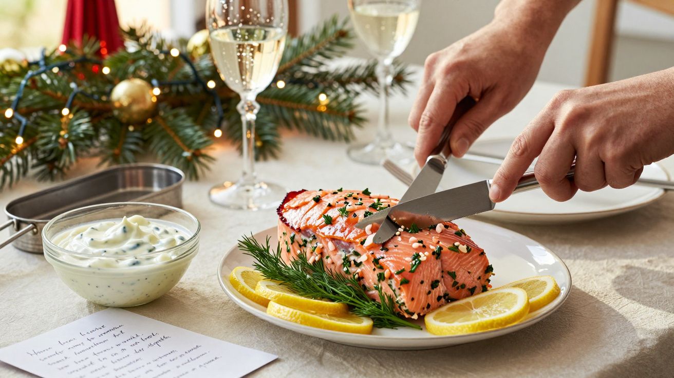 Pessoa cortando salmão assado com ervas e fatias de limão, ao lado de taças de vinho e molho cremoso.