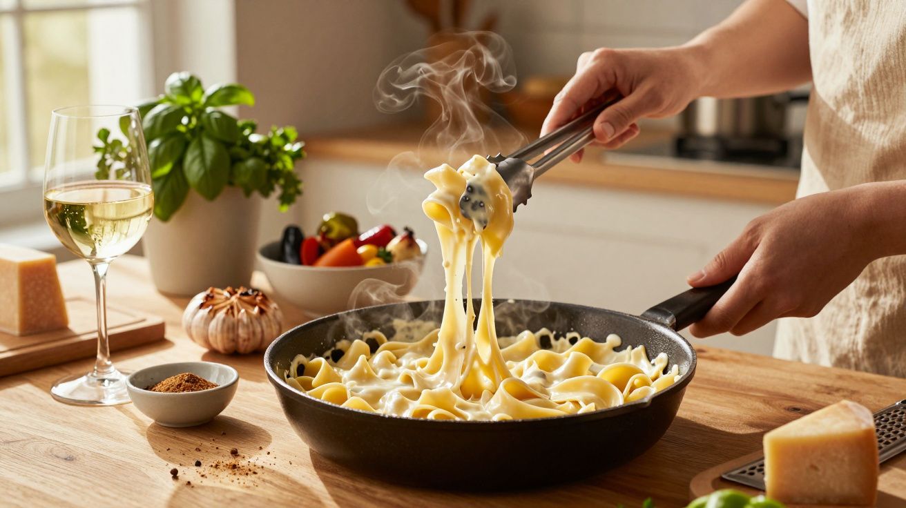 Mãos seguram pegador retirando massa cremosa de frigideira em cozinha com temperos e taça de vinho branco.