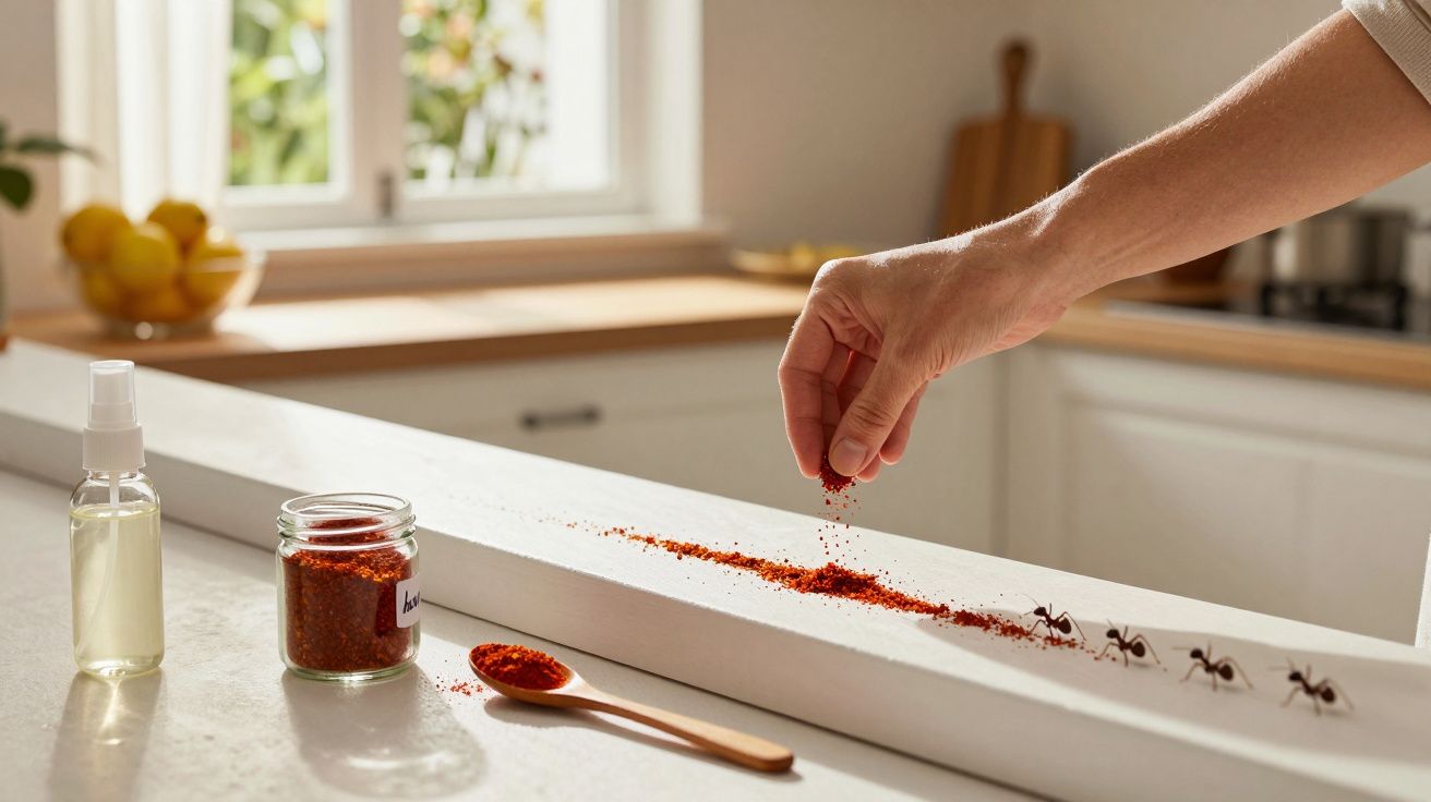 Linha de pó vermelho sendo espalhada por mão para afastar formigas em cozinha iluminada natural.