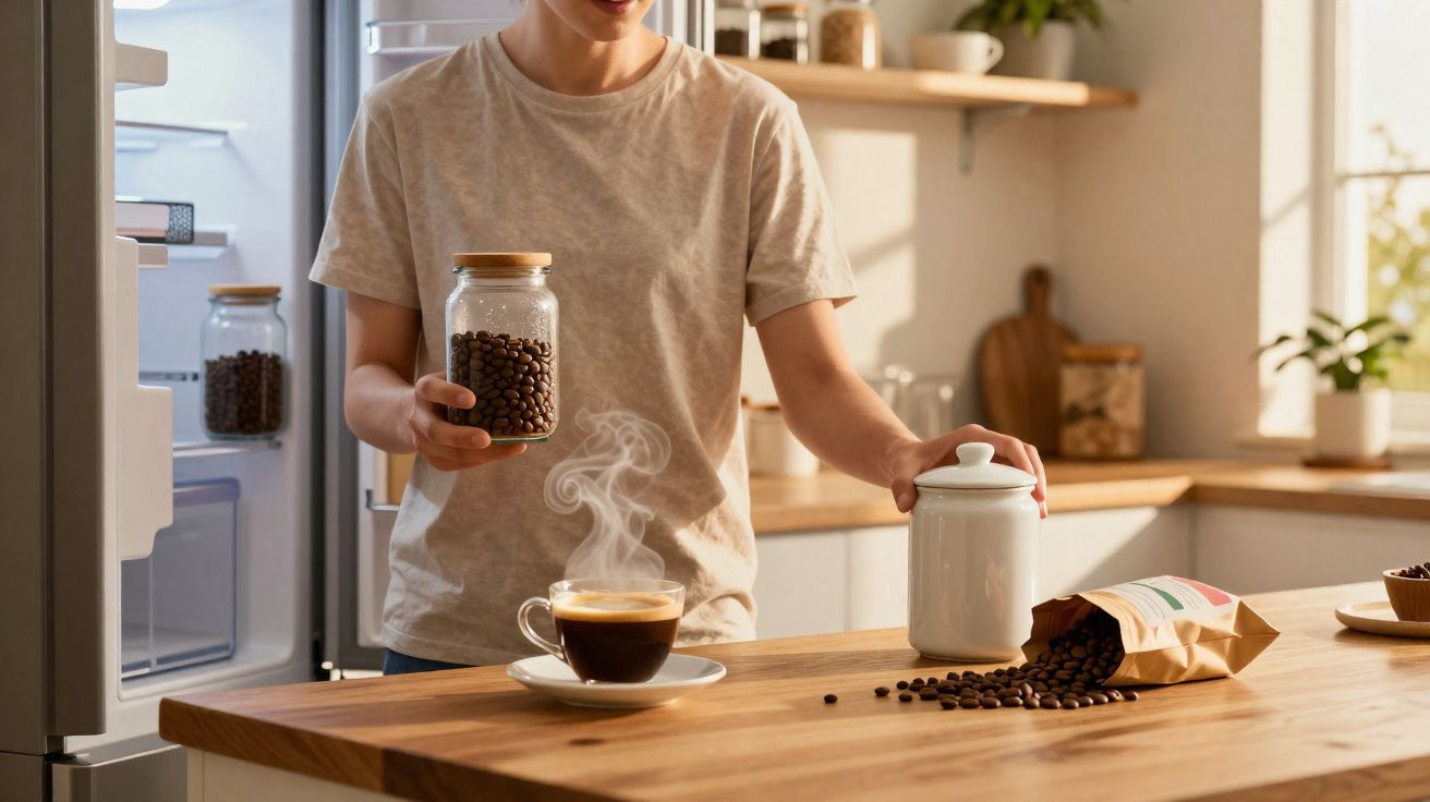 Pessoa segurando pote de café em grãos ao lado de xícara fumegante e saco aberto de grãos sobre mesa de madeira.
