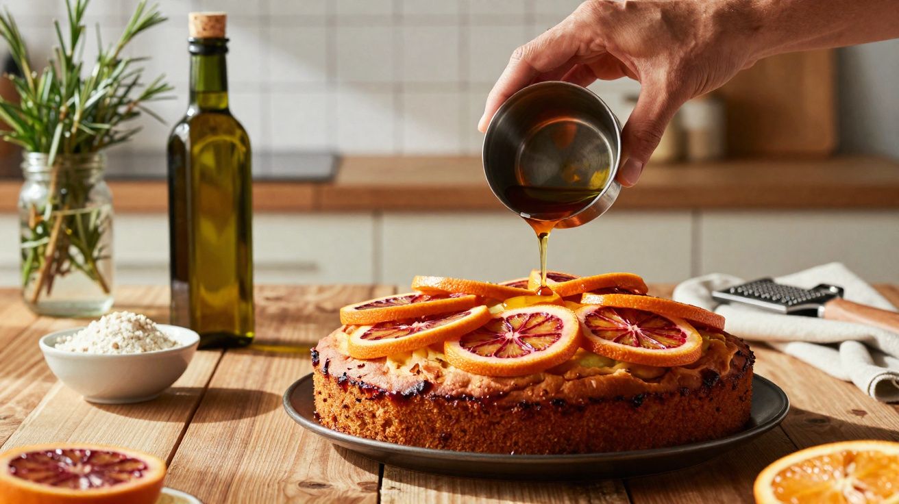 Mão derramando calda sobre bolo decorado com fatias de laranja em mesa de cozinha.