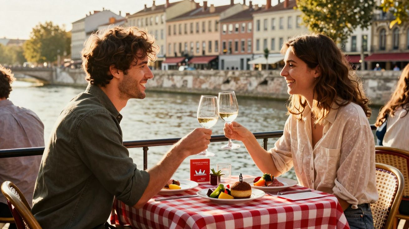 Casal brindando com taças ao ar livre em restaurante à beira do rio em dia ensolarado.