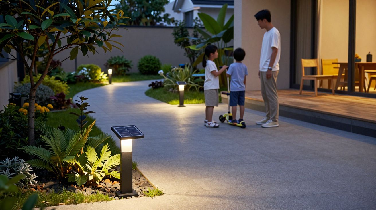 Homem e duas crianças conversam em jardim iluminado por luzes solares ao anoitecer.