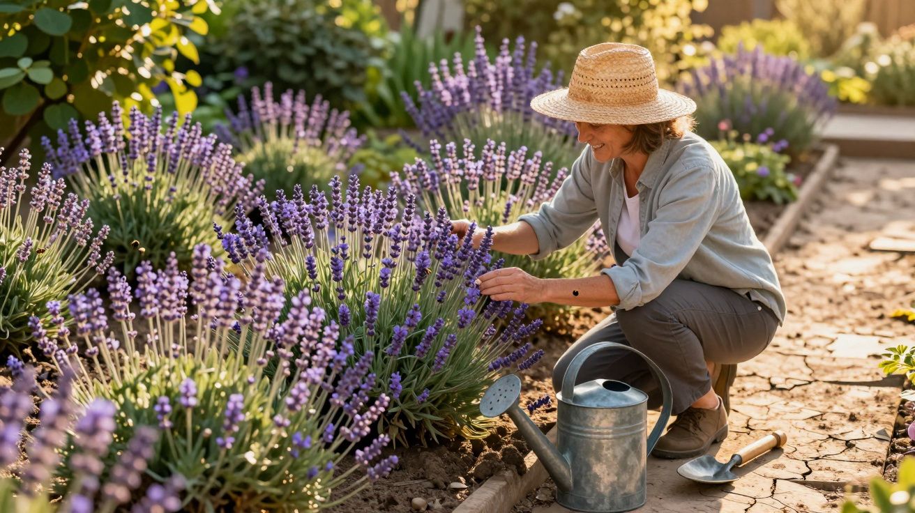 Mulher com chapéu cuidando de plantas de lavanda em jardim ensolarado, com regador e ferramenta ao lado.