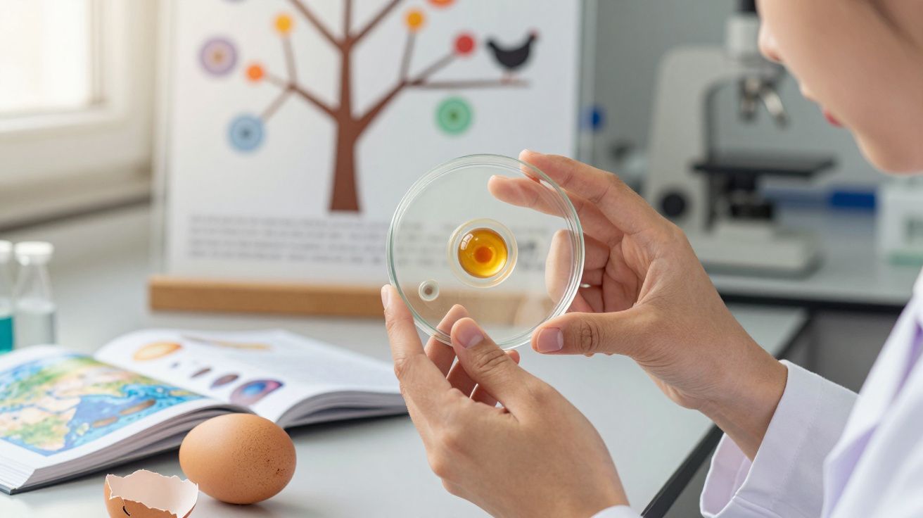 Pessoa segurando placa de Petri com gema de ovo para estudo em laboratório, com ovo e livro ao fundo.
