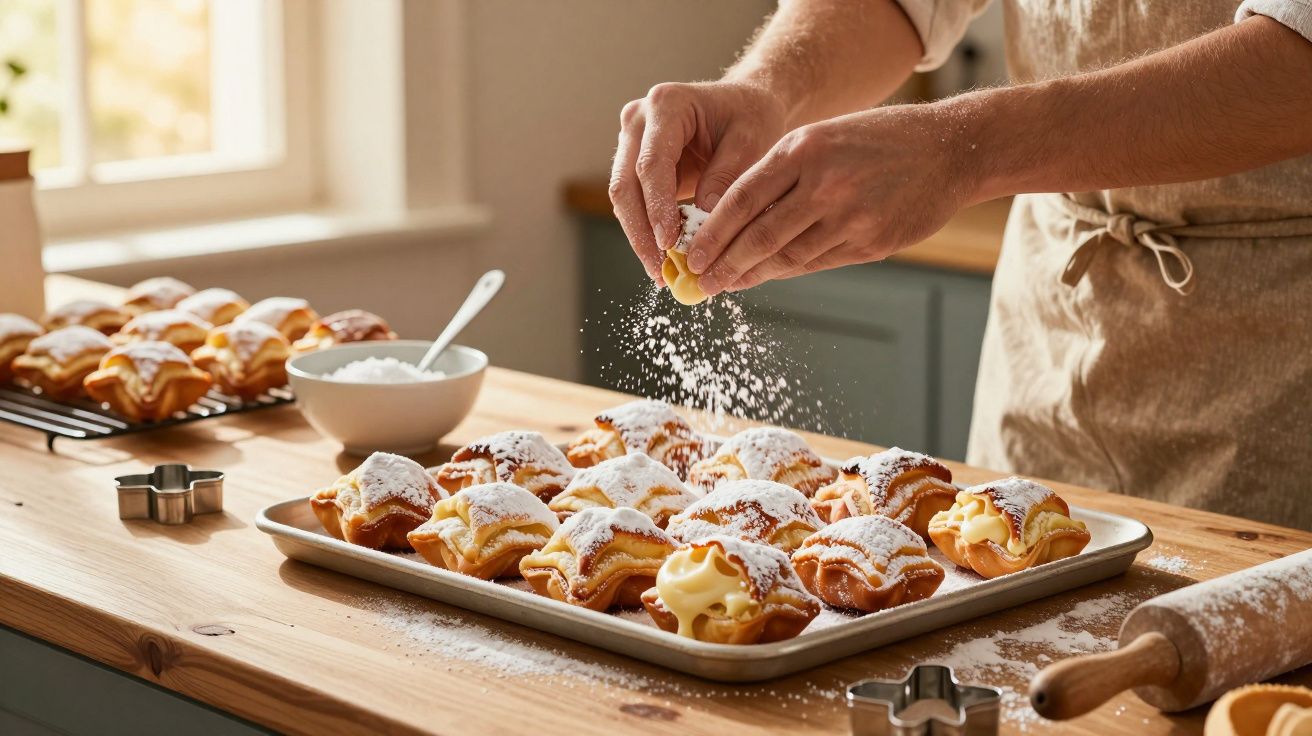 Pessoa polvilhando açúcar de confeiteiro sobre croissants recheados em assadeira na cozinha.