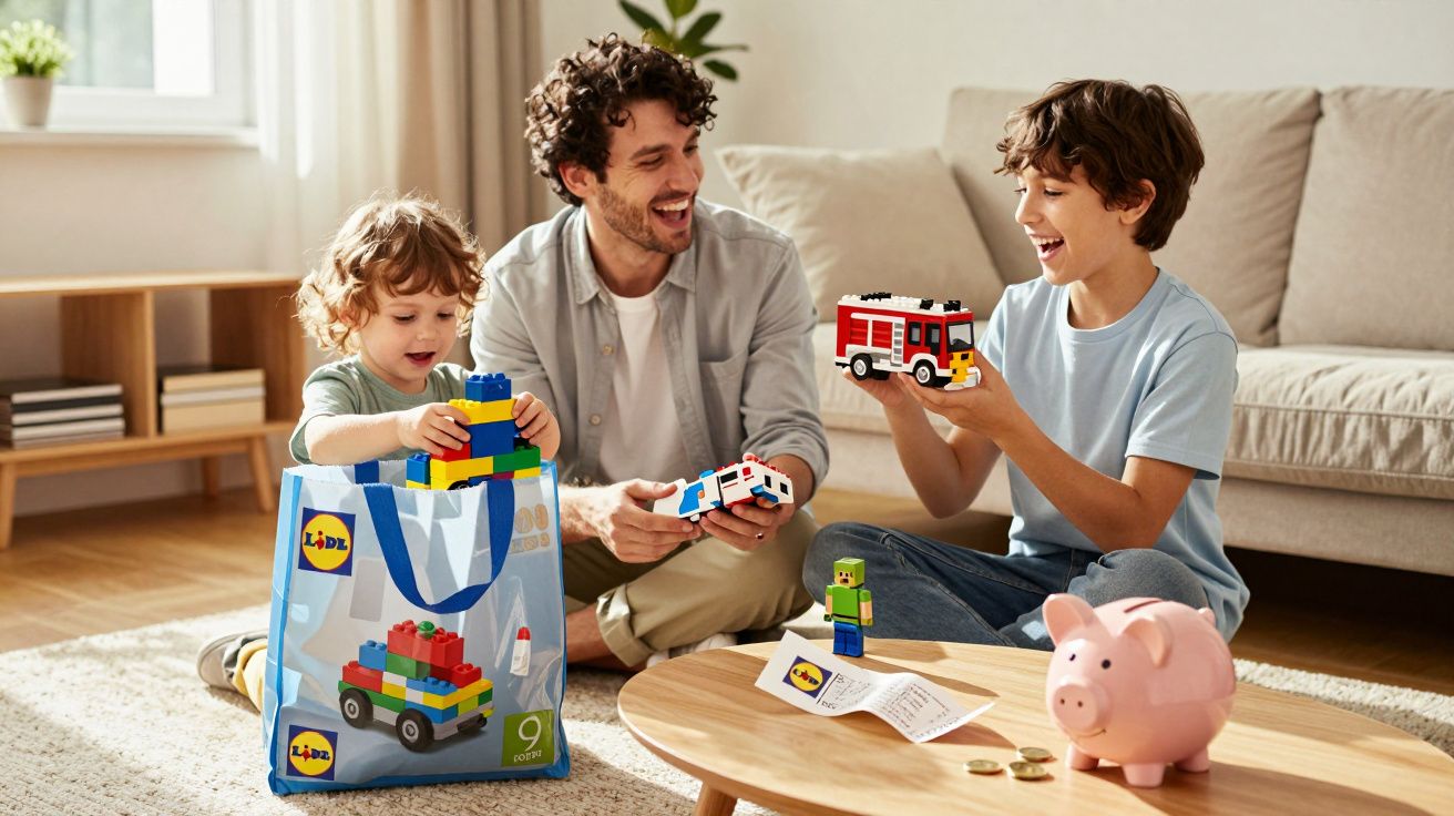 Pai e dois filhos brincam com blocos de montar sentados na sala de estar em casa.