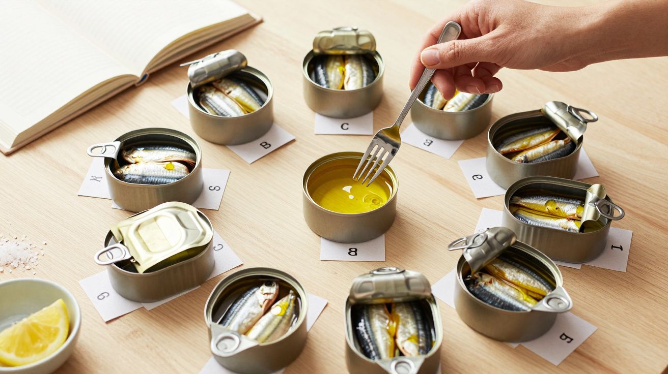 Latas abertas de sardinhas em círculo sobre papel com letras, com uma mão mexendo uma lata de azeite com garfo.