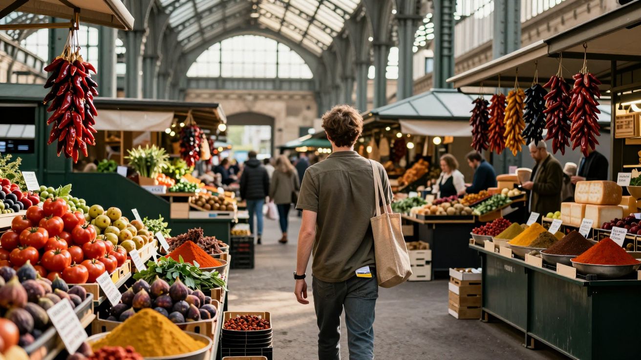 Pessoa caminhando em mercado coberto com bancas de frutas, legumes e especiarias coloridas.