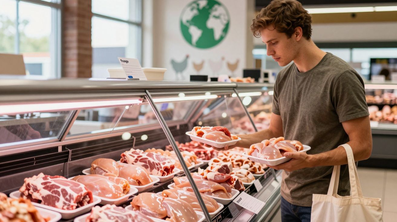 Jovem escolhendo carne em bandejas no açougue de supermercado, segurando sacola ecológica.