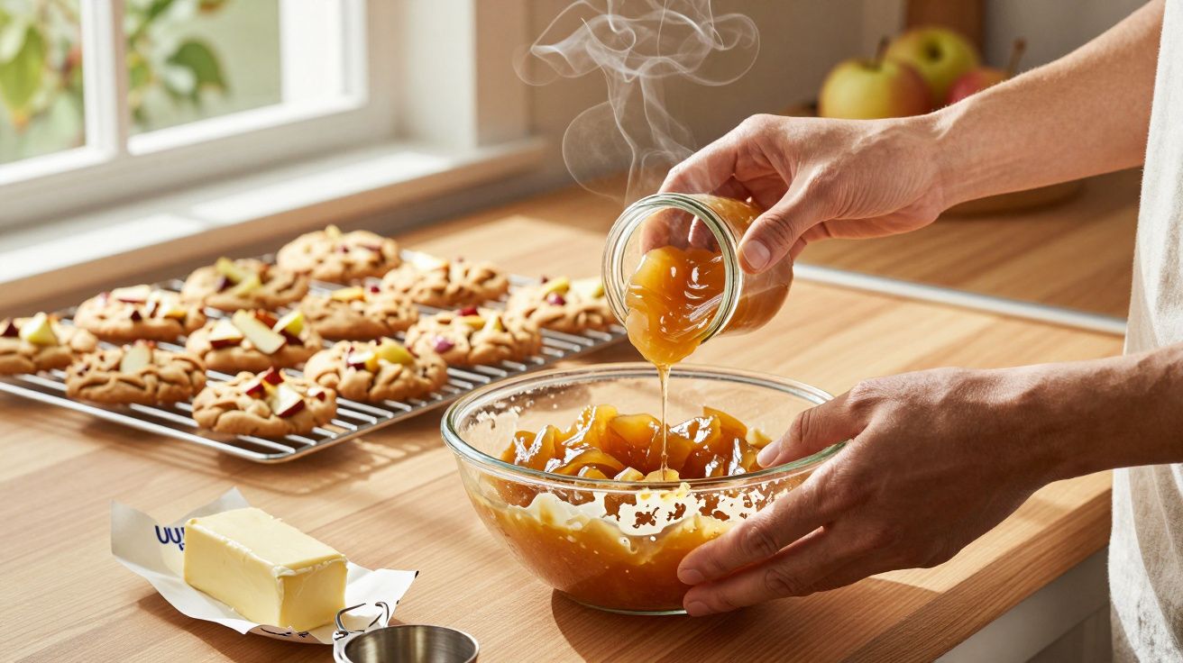 Pessoa despejando calda quente em maçãs cortadas, com biscoitos e manteiga ao fundo em bancada de madeira.