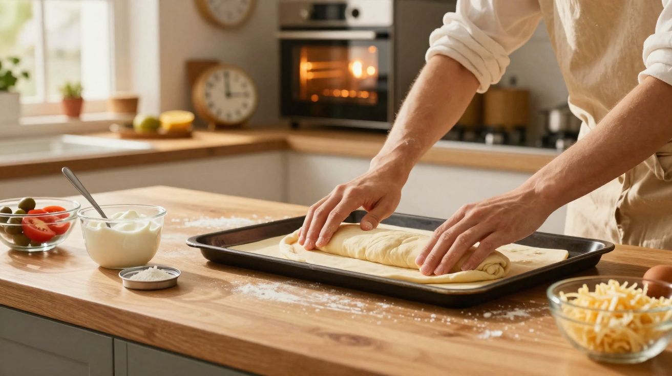 Pessoa enrolando massa de pizza em tabuleiro na cozinha com ingredientes ao redor e forno ligado ao fundo.