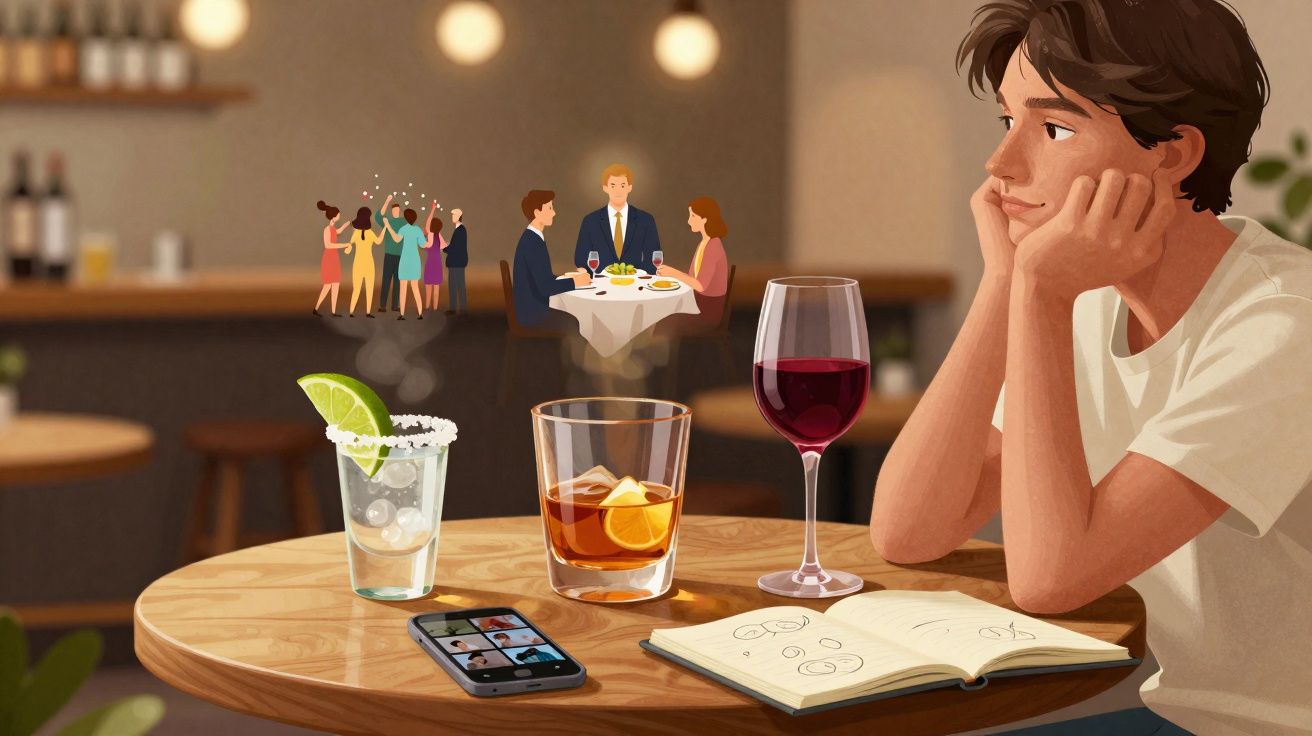 Jovem sentado sozinho em bar com três bebidas, celular, livro aberto e pensado em grupo social.